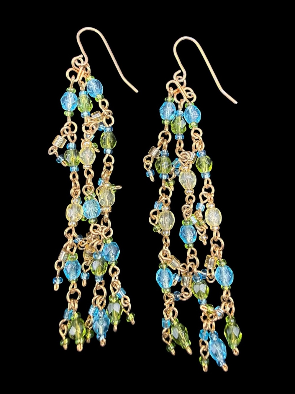 Gold-Tone Blue & Green Beaded Dangle Earrings Boho festival